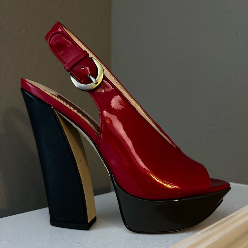 Nine West Red and Black Platform Slingback Heels